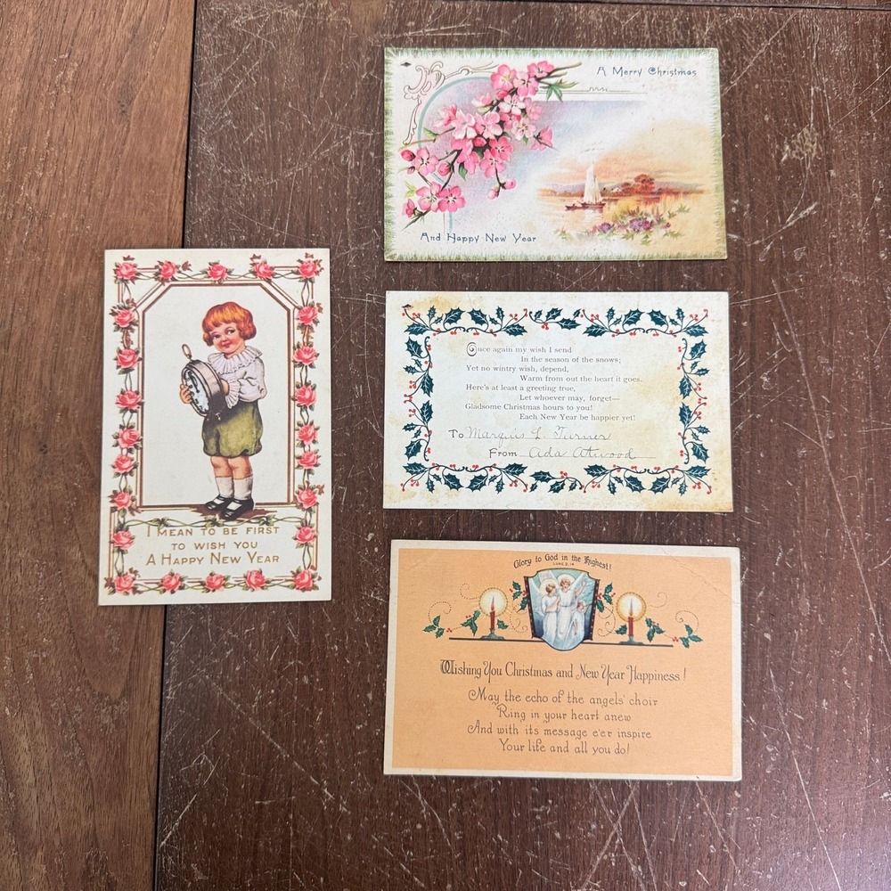 1920s 1930s Holiday Christmas New‎ Year Colorized Postcard LOT of 4 USED